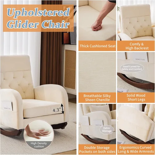 Miniatura 4 de VINGLI Mecedora de Asiento Bajo de Chenilla, Silla Planeadora Tapizada para Guardería con Bolsillos Laterales, Sillón Decorativo con Brazos
