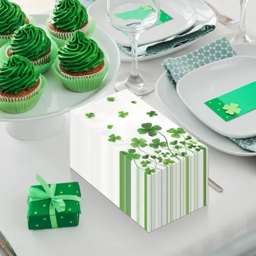 Miniatura 8 de 100 servilletas de decoración del día de San Patricio, desechables, trébol irlandés verde, trébol de la suerte, servilletas de mano para primavera