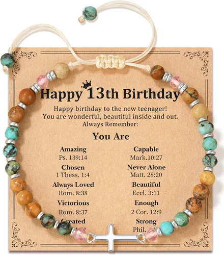 Miniatura 7 de Pulsera de cruz para niñas de 10, 13, 16 años, regalos de cumpleaños, piedra natural, joyería cristiana ajustable con tarjeta inspiradora para hija