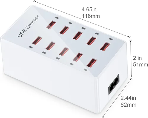 Miniatura 3 de Cargador USB de 10 puertos estación de carga para múltiples dispositivos, cargador de pared USB, tira de concentrador de alimentación, enchufe