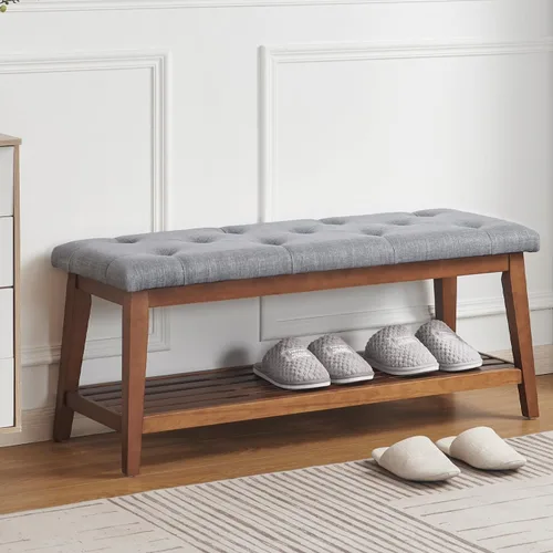 Miniatura 8 de kinmars Banco Tapizado para Dormitorio al Pie de la Cama, Banco de Entrada de 42.5 Pulgadas para Sala de Estar, Banco de Comedor con Asiento Beige