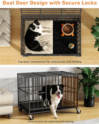 Miniatura 3 de Jaula para perros resistente de 38 pulgadas con puertas dobles y ruedas con cerradura, perrera grande para interiores, bandeja extraíble para una