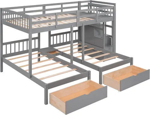 Miniatura 5 de Literas de tamaño matrimonial sobre individual e individual, litera triple de madera con cajones de almacenamiento, barandillas y escalera para 3