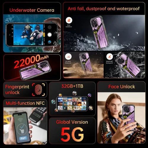 Miniatura 2 de 16PROMA X 32+1TB Rugged Armor Teléfono Celular Desbloqueado, Smartphone Pantalla HD 6.99" Android 15 Batería 22000mAh Teléfono Desbloqueado AI, Face
