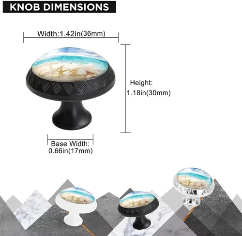 Miniatura 2 de Paquete de 4 tiradores negros para cajones, diseño de estrella de mar de mar y conchas azules con diseño de horizonte, manijas de cristal