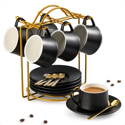YHOSSEUN Juego de 6 Tazas de Café Espresso de Cerámica, Tazas de Shots de Espresso de 4 Oz con Soporte, Platillos y Cucharas, Tazas Pequeñas de Café