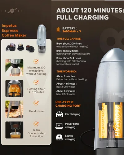 Miniatura 6 de Máquina de café expreso portátil, cafetera de viaje 3 en 1 con 7800 mAh de preparación caliente/fría y calentamiento rápido con USB-C, para camping