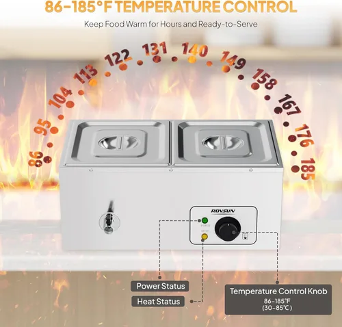 Miniatura 3 de ROVSUN Calentador eléctrico comercial de 21 cuartos de galón, encimera de mesa de vapor de 2 bandejas, 10.6 cuartos de galón de acero inoxidable