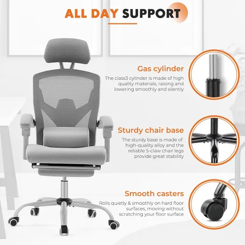 Miniatura 7 de Silla de oficina para computadora Sweetcrispy con reposapiés, sillas giratorias ergonómicas de malla con respaldo alto y ruedas, soporte lumbar Gris