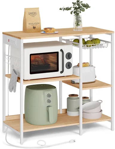 Miniatura 15 de VASAGLE Estante de cocina, soporte para barra de café con estación de carga, 35.6 pulgadas de alto, estantes de almacenamiento, canasta de alambre