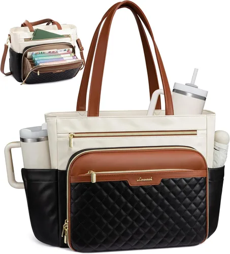 Miniatura 11 de LOVEVOOK: bolsa de mano para profesores con bolsillo de acordeón, maletín de trabajo de cuero PU suave acolchado, bolsa para laptop con portavasos