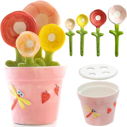 Miniatura 7 de Juego de cucharas medidoras de cactus en maceta de cerámica. Lindas tazas medidoras y cucharas únicas para hornear. Regalos para ingredientes secos