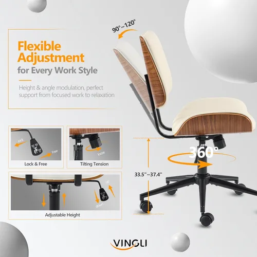 Miniatura 4 de VINGLI Silla de oficina para el hogar con asiento y respaldo curvos anchos sin brazos, silla de escritorio ergonómica con altura ajustable, función