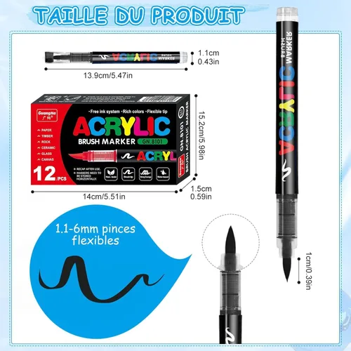 Miniatura 2 de Surcotto 12 marcadores de pintura acrílica negra, marcadores de pintura acrílica con punta de pincel suave, marcadores acrílicos impermeables