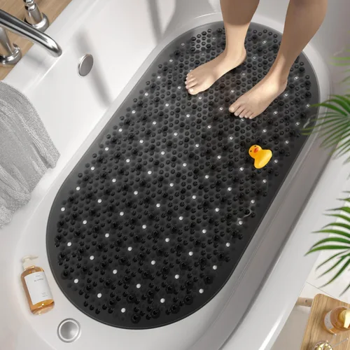 HITSLAM Tapete antideslizante para bañera, 27 x 15 pulgadas, con ventosas y orificios de drenaje, lavable a máquina, ovalado, para niños, personas