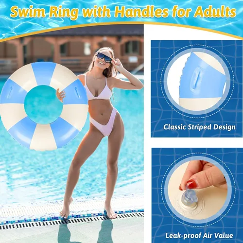 Miniatura 4 de Flotadores inflables de piscina para adultos, paquete de 2 flotadores a rayas, tubos de piscina, anillos de natación con asas, flotador inflable