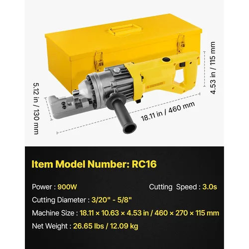 Miniatura 9 de Happybuy Cortador de barras de refuerzo hidráulico eléctrico 900W RC-16 110V - Portátil, corta barras de refuerzo de 0.157-0.630 in en 3 segundos