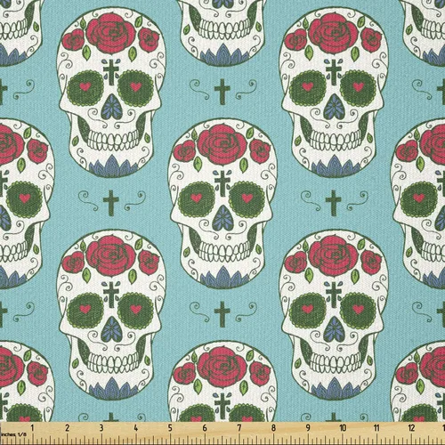 Miniatura 59 de Ambesonne The Yard, tela de calavera colorida con temática de Halloween, diseño de calavera y huesos cruzados, divertido estampado de dibujos