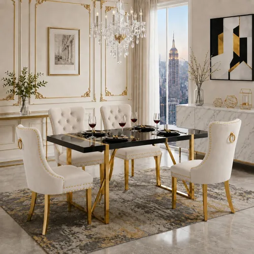 Miniatura 11 de Juego de mesa de comedor negra para 4, parte superior negra brillante de 55 pulgadas con patas de metal dorado, juego de mesa de comedor moderno