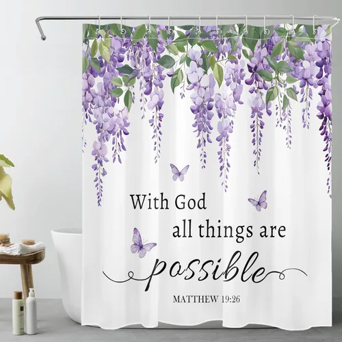 Miniatura 28 de LB Cortina de ducha de hortensias azules para baño, cortina de ducha rústica de girasol amarillo botánico y lavanda púrpura con ganchos, cortina