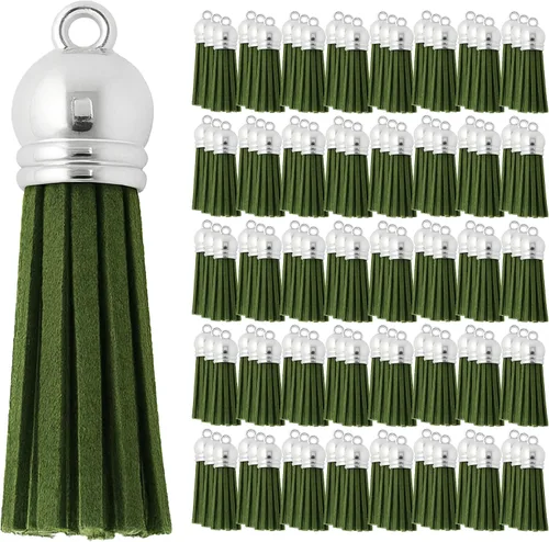 Miniatura 65 de Mandala Crafts 100 borlas de gamuza sintética color aguamarina con tapa dorada, suministros para hacer llaveros a granel, pequeñas borlas de cuero
