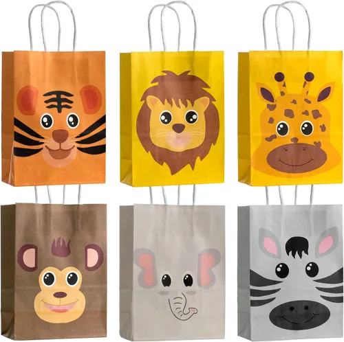 kulusion Paquete de 18 bolsas de dulces de animales de safari para fiesta de cumpleaños con asas, suministros de fiesta temática de selva, bolsas de