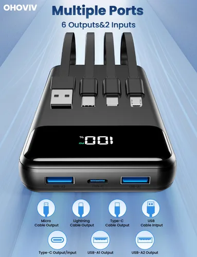 Miniatura 4 de Cargador portátil, banco de energía de 50000 mAh con cables incorporados, paquete de batería de carga rápida de 22.5W, cargador de teléfono portátil