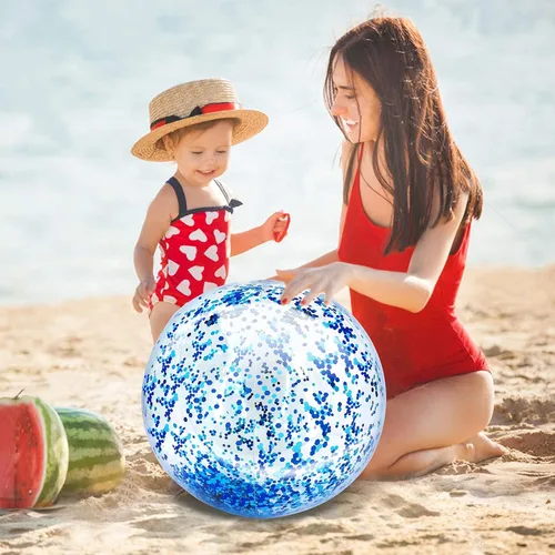 Miniatura 3 de Paquete de 5 bolas de playa de lentejuelas de 16 pulgadas y 24 pulgadas, inflables, confeti con purpurina, pelota de playa transparente, juguete