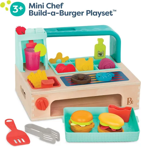 Miniatura 8 de B. toys Mini Chef - Build - A - Juego de hamburguesas - Juego de hamburguesas de madera - Juego de hamburguesas de madera - Jugar comida y rol