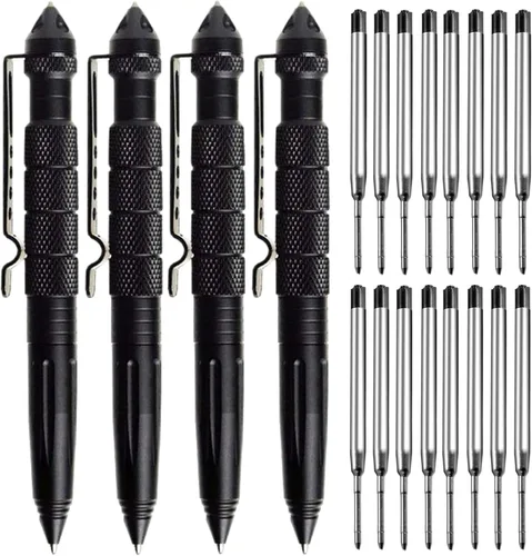 Miniatura 9 de Bolígrafo táctico militar de acero de tungsteno, paquete de 2 unidades de autodefensa de emergencia con 8 recambios de bolígrafo negro