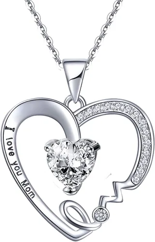 UEUC - Collar con dije en forma de corazón con la leyenda I Love You Mom plata de ley 925, con diamantes de imitación, para mamá.