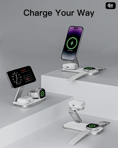 Miniatura 6 de Estación de carga inalámbrica 3 en 1 para dispositivos Apple, soporte magnético plegable de carga rápida compatible con MagSafe para iPhone Blanco