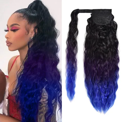 Miniatura 20 de Extensión de cola de caballo con clip de onda de maíz, 22 pulgadas de largo, ondulado, rizado, envolvente, resistente al calor, sintético, postizo