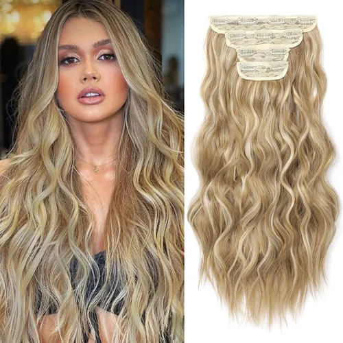 Miniatura 13 de REECHO Extensiones de cabello, 4 extensiones de cabello con clip, HE001, extensiones de cabello sintético suave natural para mujer, rubio claro