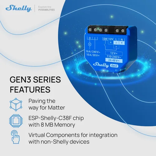 Miniatura 7 de Shelly 1 Gen3, interruptor de relé inteligente WiFi con contactos secos, 1 canal 16A, compatible con Alexa, Home Assistant, SmartThings y Google