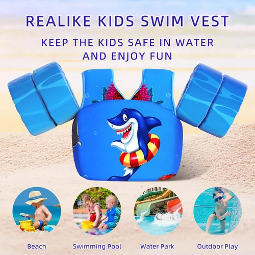 Miniatura 3 de REALIKE Chaleco de natación para niños pequeños, flotadores, ayudas de natación con arnés de hombro, alas de brazo para niños/bebés/bebé, playa