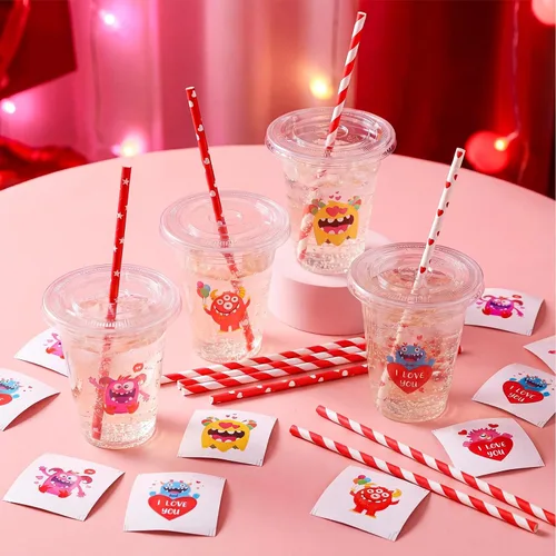 Miniatura 3 de Eaasty Juego de 20 vasos de plástico para el día de San Valentín con tapa y pajitas, 12 onzas, transparentes, desechables, tazas de monstruo de San
