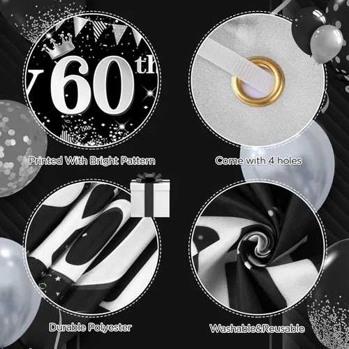 Miniatura 7 de Decoraciones de feliz cumpleaños 60, pancarta negra y plateada, letrero de patio, globos de 18 piezas para hombres y mujeres, fiesta de cumpleaños