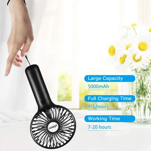 Miniatura 4 de Miady Paquete de 2 ventiladores portátiles mejorados de 5000mAh, ventilador de mano mini USB de 3 velocidades, viento fuerte, tiempo