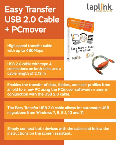Miniatura 3 de LAPLINK Cable de transferencia fácil para Windows, incluye software PCmover Express y cable USB 2.0 de PC a PC, licencia de un solo uso, transfiere