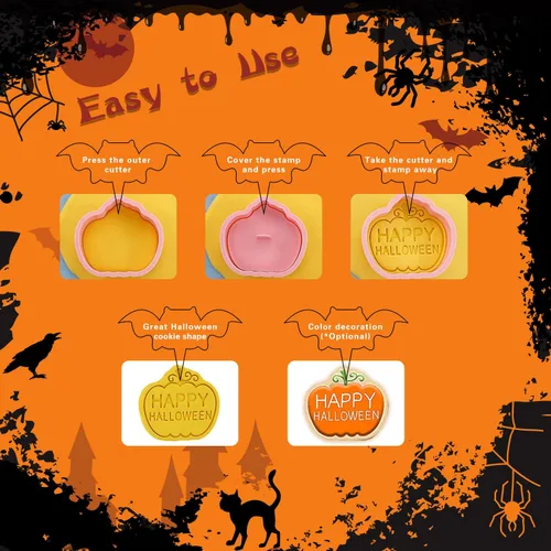 Miniatura 6 de Cortadores de galletas de Halloween, 8 sellos de galletas con linda calabaza, fantasma, gato, cráneo, búho, bruja y ataúd, impresión 3D mini