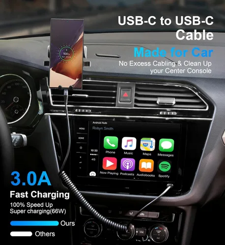 Miniatura 3 de Cable USB C a C de 3 pies, paquete de 2 cables de carga USB C en espiral para automóvil tipo C, cable de carga rápida para iPhone