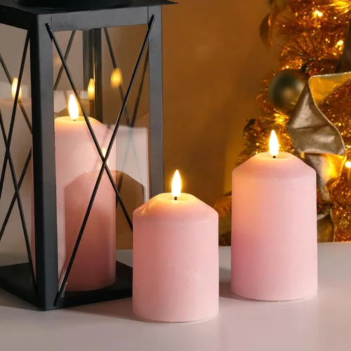 Miniatura 7 de Juego de 3 velas de pilar sin llama color rosa con control remoto, velas LED de cera real que funcionan