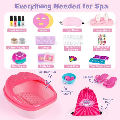 Miniatura 2 de Dreamon Juego de 25 piezas de spa de pies y uñas para niños, kit de día de spa para niños con bañera de masaje de luz arcoíris de tamaño medio
