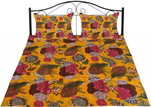 Miniatura 23 de Sophia-Art Colcha reversible de frutas indias para cama individual/king con patrón Gudri de algodón puro estilo Kantha, colcha decorativa con Rosa