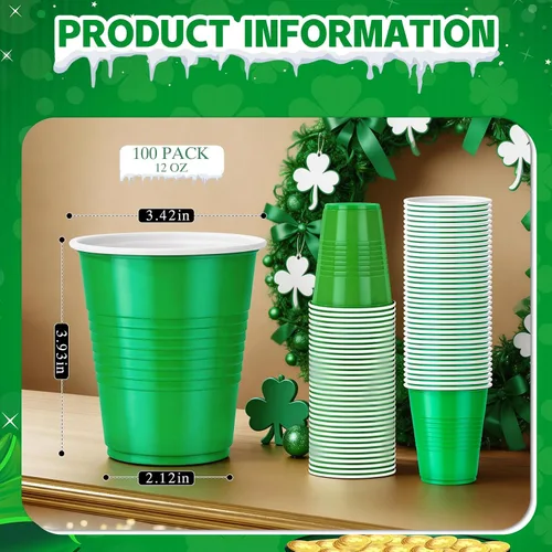 Miniatura 7 de Paquete de 100 Vasos de Plástico Verdes de 12 oz, Vasos Desechables para Fiestas, Vasos Resistentes para Beber, Vasos de Navidad para Bodas