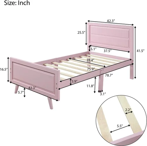 Miniatura 2 de Base de cama de plataforma de madera, base de cama individual, base de colchón con cabecera, estribo, soporte de listones de madera