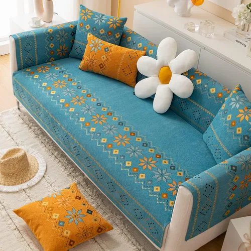 Miniatura 8 de Funda de sofá de chenilla para sofá modular, diseño geométrico bohemio y jacquard antideslizante, protector de muebles para niños, perros y Azul