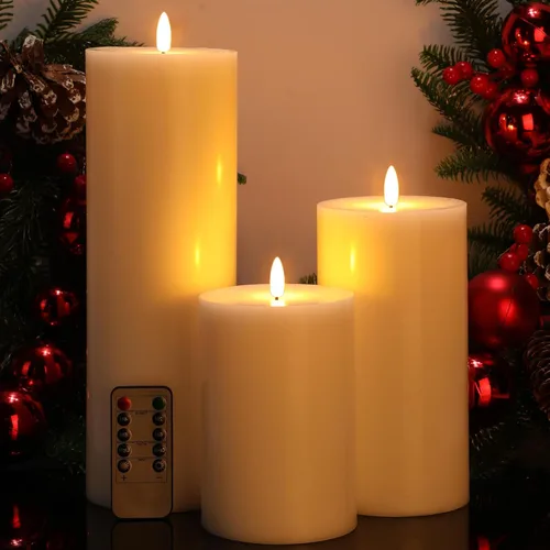 Retisee 3 velas LED blancas grandes sin llama que funcionan con pilas con control remoto y temporizador, velas parpadeantes de cera real para Blanco