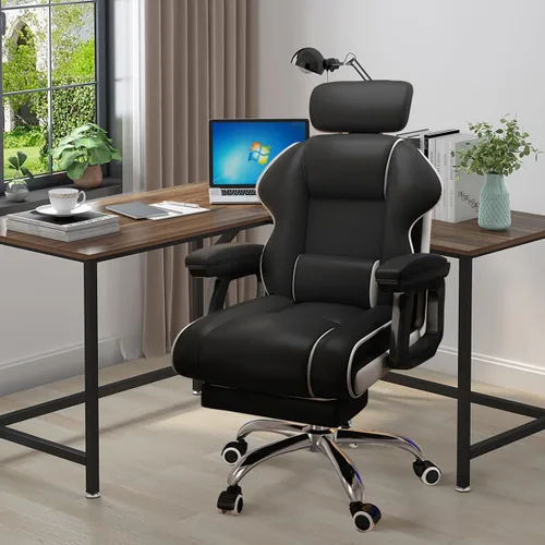 Miniatura 6 de Silla ejecutiva para computadora, silla de escritorio para oficina en casa, ángulo ajustable, ergonómica, de altura ajustable, sillas de piel Negro